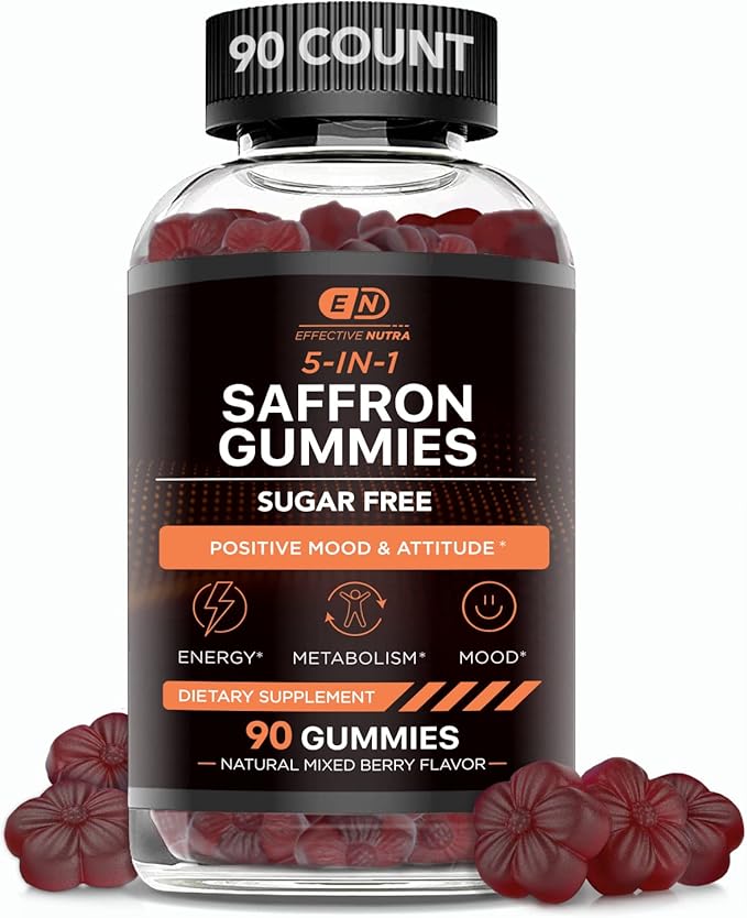 Effective Nutra Saffron Gummies for Adults 88.5mg - Mood Support &amp Stress Relief with GABA Passion Flower - 5-in-1 Formula - Sugar-Free Vegan Non-GMO Made in USA - 90 Count (45-Day Supply)