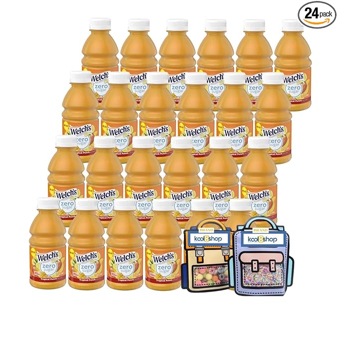 Welch's Zero Sugar Tropical Punch Juice Drink 10 fl oz Plastic Bottle 24 Pack + 2 Reusable Snack Bags by KOOL8SHOP Infinite Deals