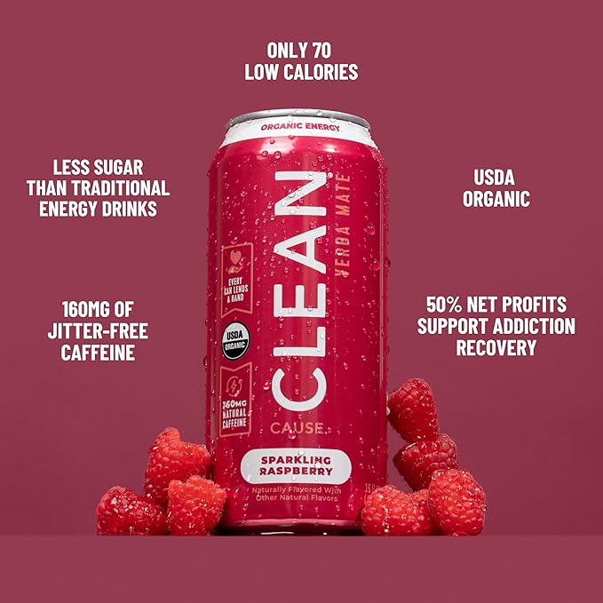 CLEAN Cause Low Calorie Raspberry and Blackberry USDA Organic Sparkling Yerba Mate Tea (16oz cans 2-12-Pack Case) Low Sugar 160mg Caffeine Healthy Alternative to Soda &amp Energy Drinks.