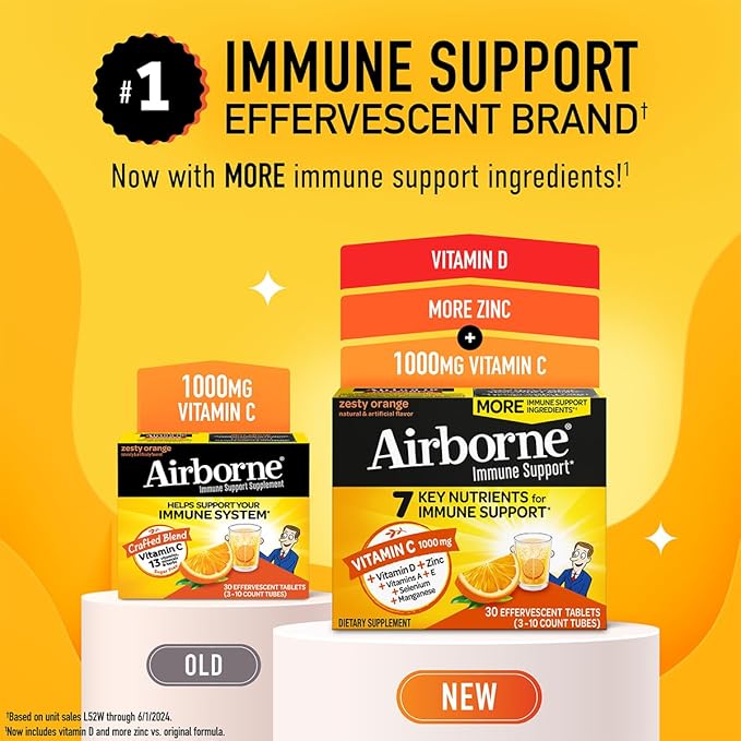 Airborne 1000mg Vitamin C + Zinc Sugar Free Multivitamin Immune Support Effervescent Fizzy Drink Tablets Zesty Orange Flavor with Powerful Antioxidants Vitamins A C &amp E 30 Tablets (2 Pack)
