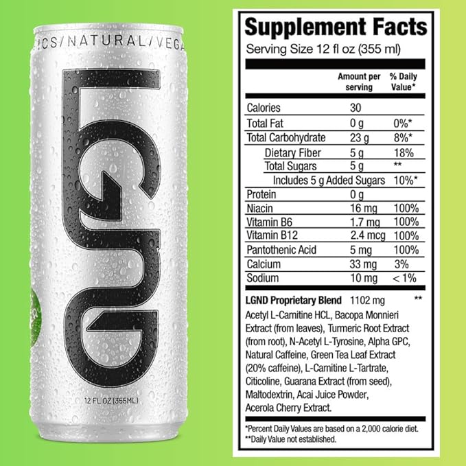 LGND Nootropic Energy Drink | Low-Calorie Focus &amp Gut Support | Ginger Citrus &amp Turmeric | Natural Ingredients Low-Caffeine Carbonated | 12 oz Cans 12-Pack Made in USA