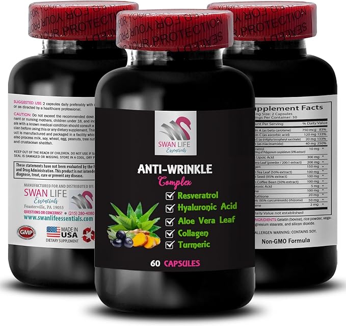 Collagen Care - Anti-Wrinkle Complex - Glycine L-Glutathione Firming Skin Aloe Vera Leaf Green Coffee Bean Hyaluronic Acid Smooth Complexion Lycopene Turmeric Power 2 Bottles 120 Capsules