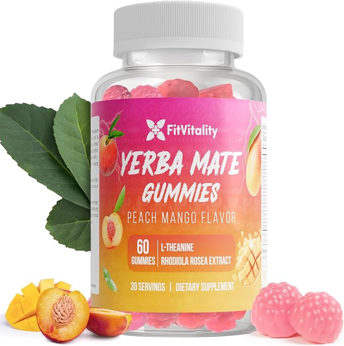 60 Yerba Mate Gummies – SuperFocus &amp Energy Support – Formulated with Yerba Mate Extract L-Theanine Rhodiola Ginseng Choline B12 – Peach Mango Flavor – Vegan Gluten-Free Non-GMO