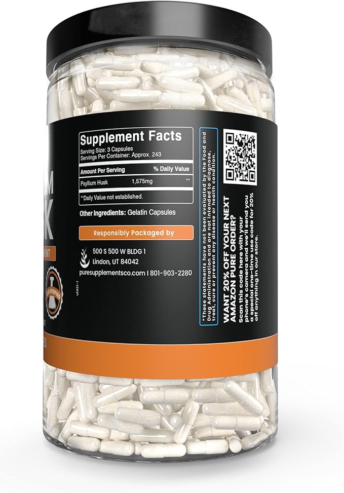 PURE ORIGINAL INGREDIENTS Psyllium Husk (730 Capsules) No Magnesium Or Rice Fillers Always Pure Lab Verified