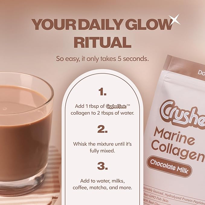 Crushed Tonic Marine Collagen Powder Korean Beauty Drink with Hydrolyzed Collagen Peptides for Skin Hair &amp Nails | Gluten-Free Halal &amp Kosher (Chocolate Milk 30 Servings (150 g) Pouch)
