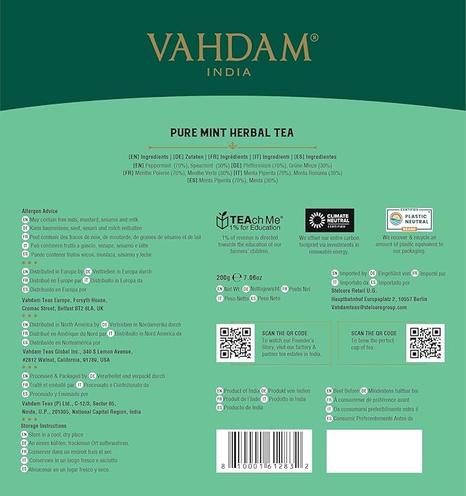 VAHDAM Pure Mint Herbal Tea (100 Pyramid Tea Bags) Caffeine Free Non GMO Gluten Free | Blend of Spearmint &amp Peppermint - Sweet &amp Minty | Resealable Ziplock Pouch