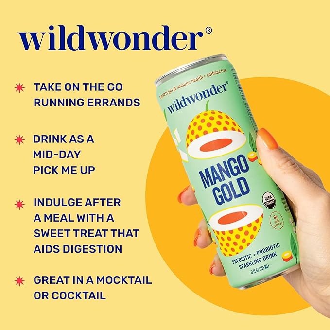 wildwonder Sparkling Probiotic Drink 12pk For Gut Health &amp Immune Support Mango Gold 5g Prebiotic Fiber Live Probiotics Organic Vegan Low Sugar 12 Pack 12oz Can As Seen on Shark Tank