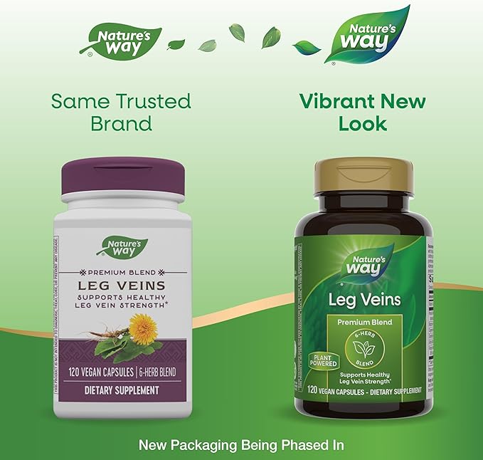 Nature's Way Leg Veins Supports Healthy Leg Vein Strength* 6-Herb Blend With Horse Chestnut Extract Dandelion Gluten Free 120 Vegan Capsules (Packaging May Vary) - 2 Pack
