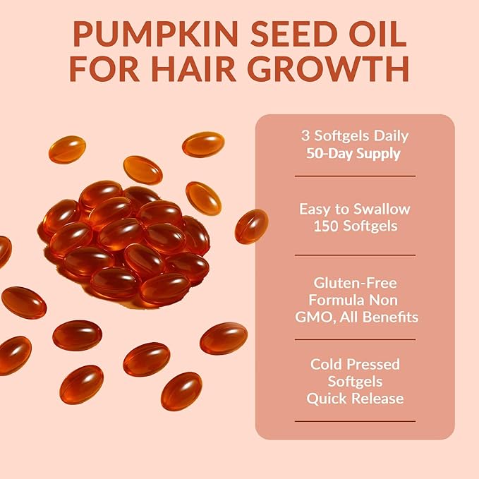 Pumpkin Seed Oil Capsules 2 in 1 Pumpkin Seed Oil with Saw Palmetto for Hair Growth 3000mg Per Serving Cold Pressed Supports Hair Heart Skin Supplement | Non-GMO | 150 Softgels | Only 1 Bag