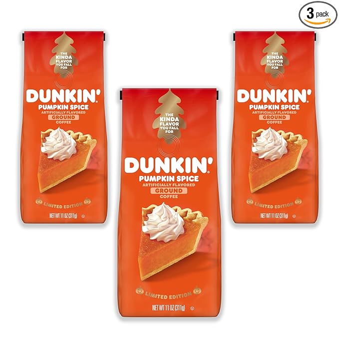 Dunkin' Pumpkin Spice Seasonal Flavor Ground Coffee Variety Pack 11 Ounce Bag (Pack of 3)