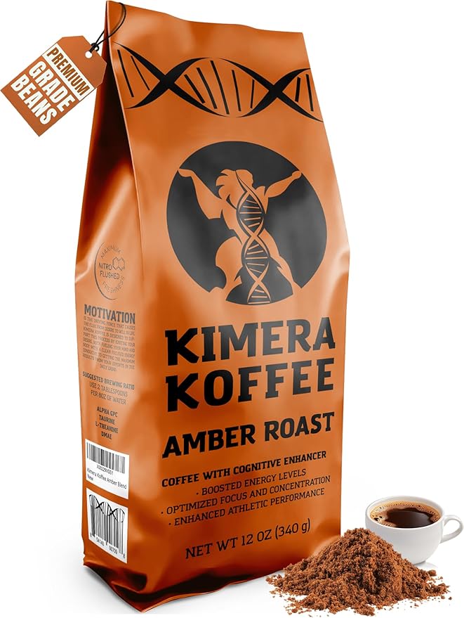 Kimera Koffee - Organic Honey Processed Light Roast Ground Coffee | Amber Blend | Infused with Brain Vitamins |Taurine Alpha GPC DMAE and L-theanine | Enhance Cognitive Stamina | Optimize Focus &am