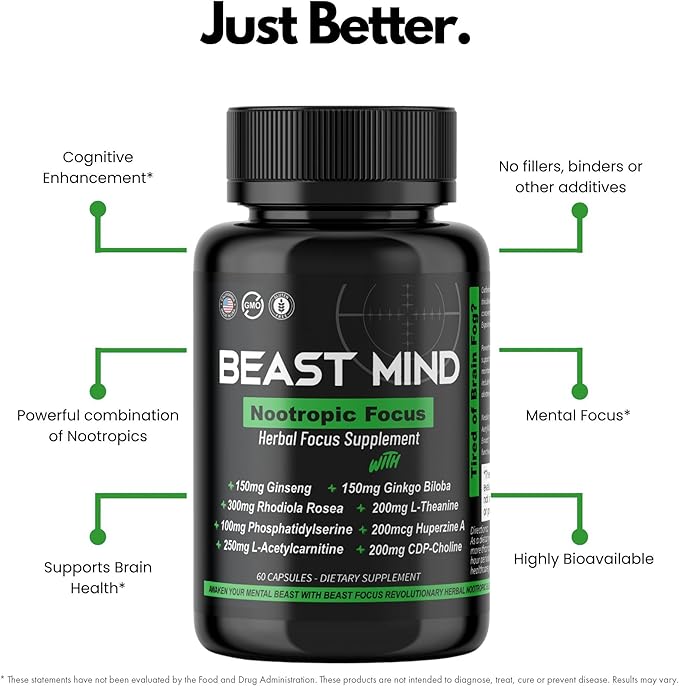 Beast Mind Focus Clarity Nootropic Blend | Ginkgo Biloba | Huperzine A | Rhodiola | Citicoline | L-Theanine | Enhanced Focus &amp Clarity &amp Cognitive Function Labs
