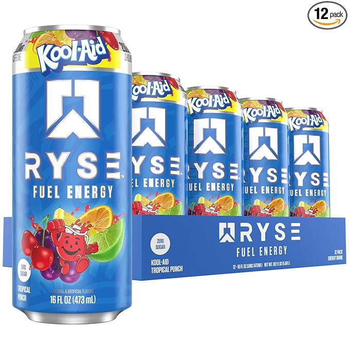 RYSE Fuel Energy Drink - Kool-Aid Tropical Punch - Sugar Free Gluten Free &amp Vegan - 200mg Natural Caffeine Taurine &amp Choline for Focus &amp Energy - No Artificial Colors - 16 fl oz Cans (12