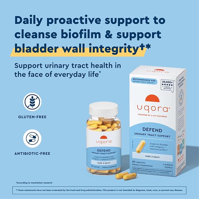Uqora Defend - Urinary Tract Health Supplement - Support Bladder Health &amp Cleanse Biofilm* with D-Mannose Green Tea Extract Turmeric Extract &amp More - Gluten-Free - 60 Capsules (30-Day Supply
