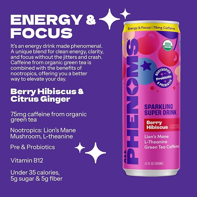 All Phenoms Energy &amp Focus Sparkling Organic Prebiotic &amp Probiotic Drink - Mushroom Blend (320mg Lions Mane) 75mg Green Tea Caffeine 75mg L-Theanine B12 - Berry Hibiscus (No Stevia) 12 Pac