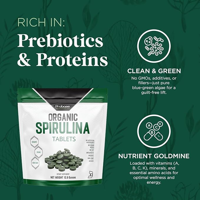 Probase Nutrition Organic Spirulina Supplement 3000MG Per Serving 720 Tablets (4 Month Supply) No Filler &amp Non-GMO Rich in Vegan Protein Vitamins &amp Prebiotics Premium Spirulina Pills