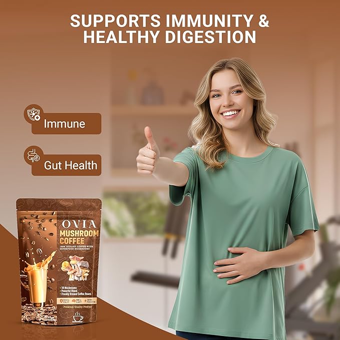 OVIA Natural 10 Mushroom Coffee with 3500mg for Weight Management Focus &amp Gut Health - Daily Dose Ten Mushroom Coffee for Clean Energy - Low Caffeine Adaptogenic Instant Coffee with Lion’s ManeC