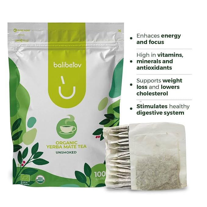 BALIBETOV Organic Unsmoked Yerba Mate Tea Bags – 100 Count Traditional Cut Clean Natural Energy Gluten-Free &amp Vegan Enjoy Hot or Cold