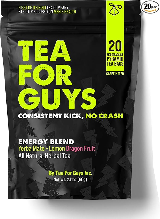 Tea for Guys: Energy Tea – Natural Caffeine Boost for Stamina Focus and Endurance | Herbal Tea for Sustained Energy &amp Mens Vitality – 20 Biodegradable Tea Bags