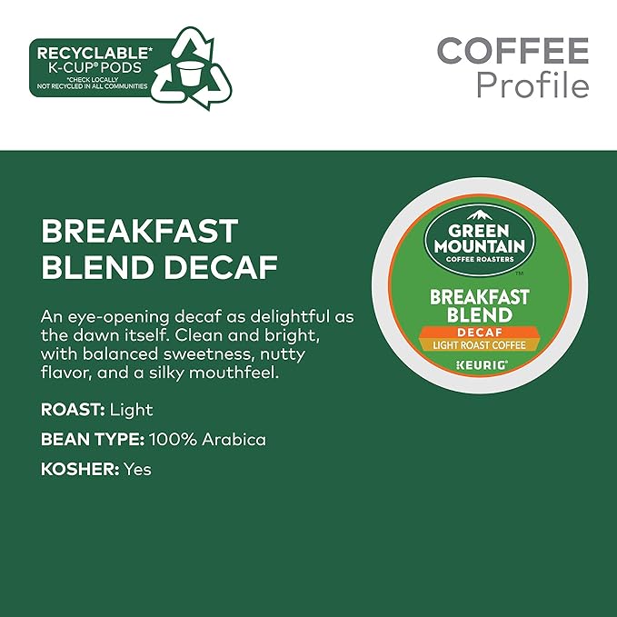 Green Mountain Coffee Roasters Decaf Breakfast Blend Single-Serve Keurig K-Cup Pods Light Roast Coffee 32 Count (Pack of 4)