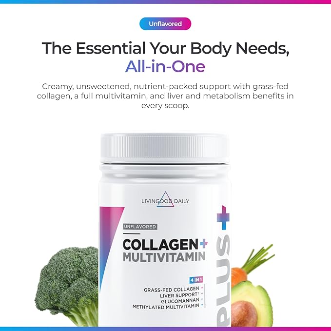 Livingood Daily Collagen Powder for Women &amp Men Unflavored Grass Fed Hydrolyzed Collagen Peptides Protein &amp Multivitamins for Healthy Hair Skin &amp Nails Keto &amp Paleo Gluten Free