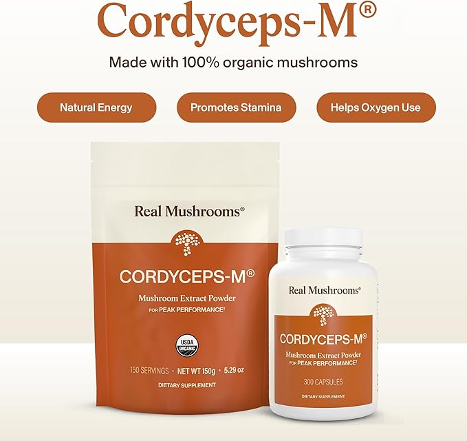 Real Mushrooms Capsules Supplements - Organic Cordyceps Mushroom Powder in Capsules - Energy and Performance Mushrooms with Verified Beta Glucans - Vegan Non-GMO 300 Capsules