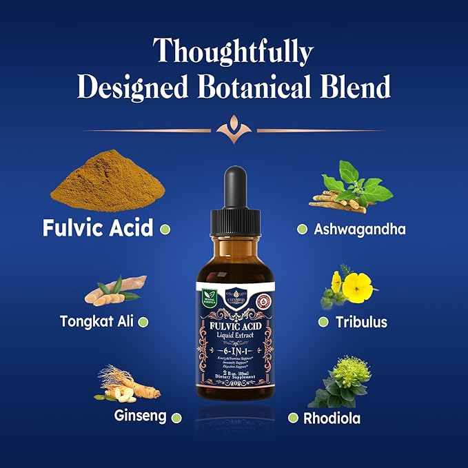 CLENZHERB Fulvic Acid Liquid for Energy &amp Stamina Support Blend with Herbal Extract Ashwagandha Tribulus Tongkat Ali Support Immune &amp Digestive System | Non-GMO &amp Gluten Free | 2 fl oz