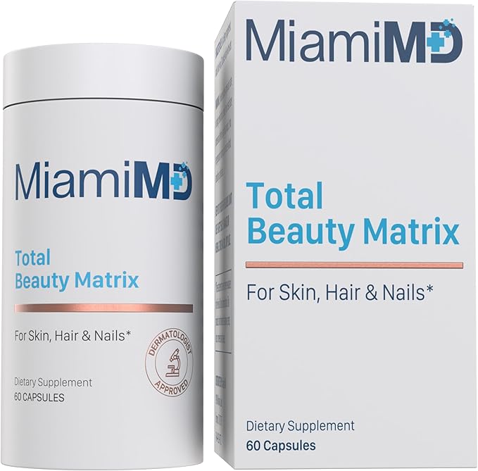 MiamiMD Total Beauty Matrix Collagen Supplements for Women - Collagen Capsules with Vitamin C for Hair Skin and Nails - Cruelty Free - 60 Capsules