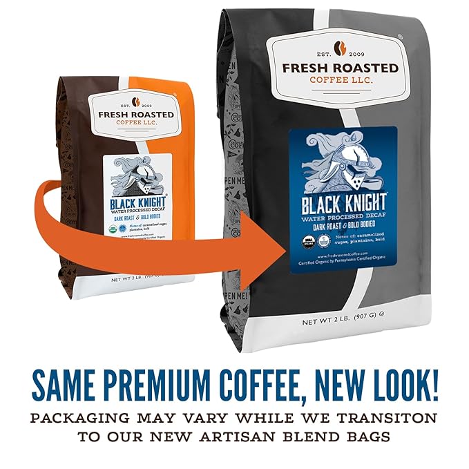 Fresh Roasted Coffee Organic Black Knight Water-Processed Decaf | USDA Organic Kosher | Dark Roast 2 lb (32 oz) Ground