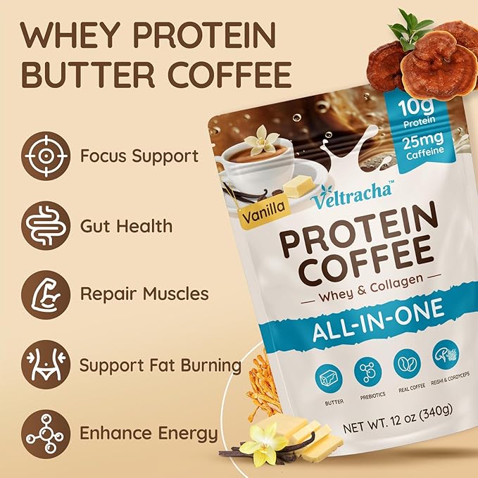 Whey Protein Coffee Collagen Protein Iced Coffee with Prebiotic Mushrooms &amp Butter Natural Energy without Jitters - Decaf No Artificial Additives &amp Sweeteners Vanilla 20 Servings