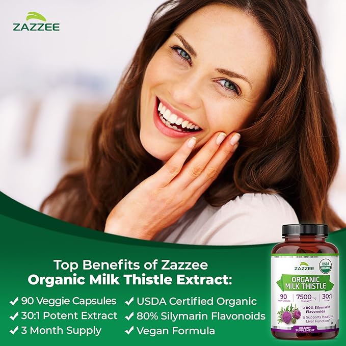 Zazzee USDA Organic Milk Thistle 30:1 Extract 80% Silymarin 90 Vegan Capsules 3 Month Supply Certified Kosher High Potency Liver &amp Antioxidant Support Silybum Marianum Non-GMO Made in the