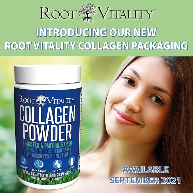 Root Vitality Collagen Peptides Powder - Grass-Fed Pasture-Raised Hydrolyzed Protein Supplement for Skin Hair &amp Nails - Non-GMO Zero Sugar Daily Supplement for Men &amp Women (30 Servings)