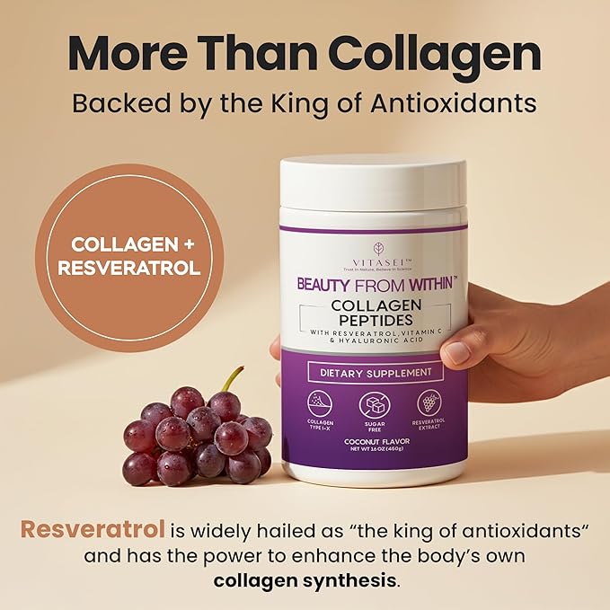 VITASEI Hydrolyzed Collagen Peptides Powder with Resveratrol &amp Vitamin C – Hair Skin &amp Joint Support with Hyaluronic Acid – Colágeno Hidrolizado for Women &amp Men – Coconut Flavor 16 oz (3