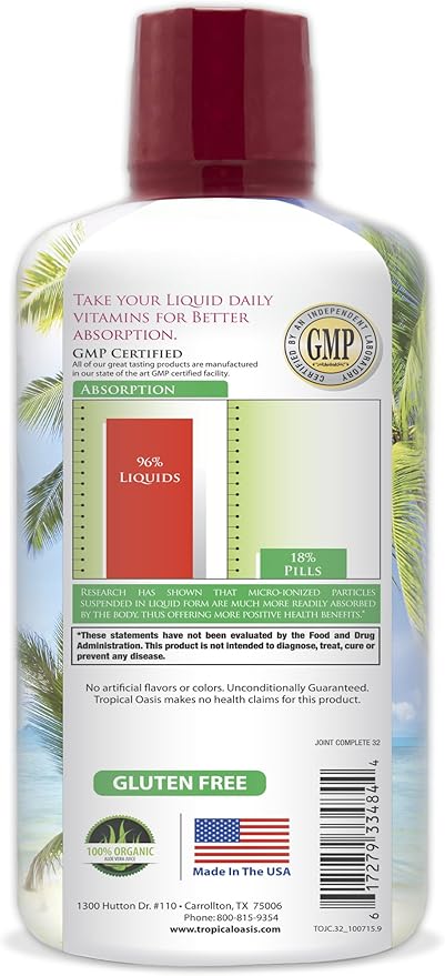 Tropical Oasis Joint Complete Premium - Liquid Joint Supplement with Liquid Glucosamine Sulfate Chondroitin MSM &amp Hyaluronic Acid - 96% Max Absorption– 32oz 32 serv 33484