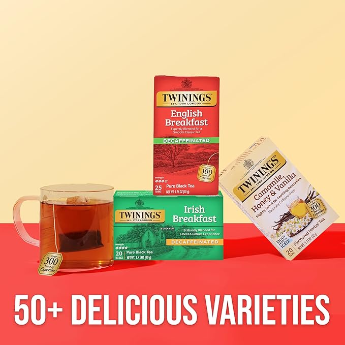Twinings Decaffeinated English Breakfast Black Tea Individually Wrapped Bags 25 Count (Pack of 6) Flavourful Robust Enjoy Hot or Iced 150 Teabags