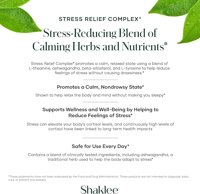 Shaklee - Stress Relief Complex - Calming Blend of L-theanine Ashwagandha Beta-sitosterol and L-tyrosine - Promotes Relaxation without Drowsiness - 1 Caplet Daily - Adults Supplement - 30 Caplets