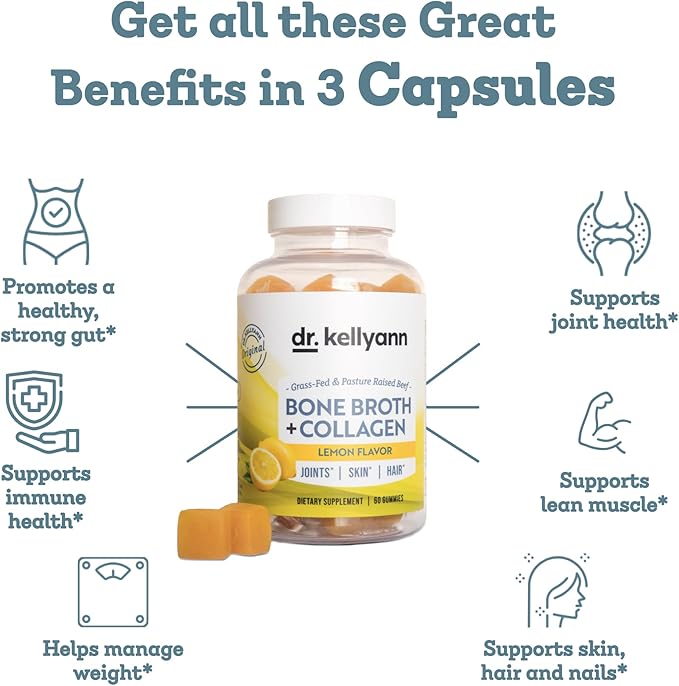 Dr. Kellyann Collagen + Bone Broth Gummies Lemon | Gut Skin Joint &amp Hair Support | Grass-Fed Beef | Non-GMO Dairy-Free Soy-Free | 60 Gummies