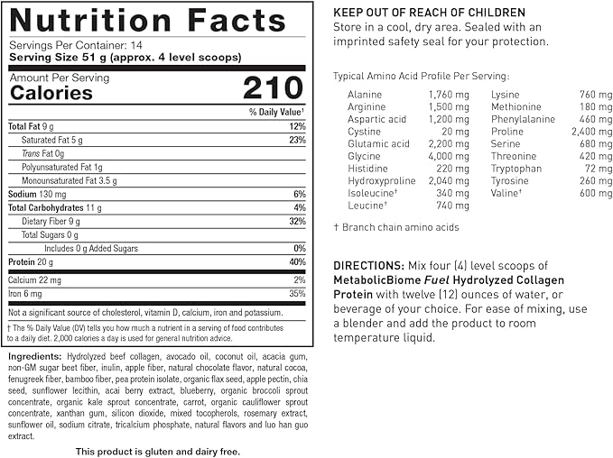 MetabolicBiome™ Fuel Hydrolyzed Collagen Protein Chocolate - High-Performance Daily Shake 20g Clean Protein 9g Non-grain Fiber 9g Healthy Fats Microbiome Support Allergen-free 14 Servings