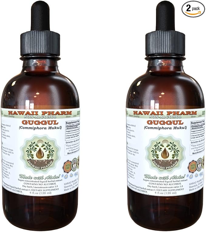 Hawaii Pharm Guggul Alcohol-Free Liquid Extract Guggul (Commiphora Mukul) Unprocessed Gum Resin Glycerite Natural Herbal Supplement 2x4 oz