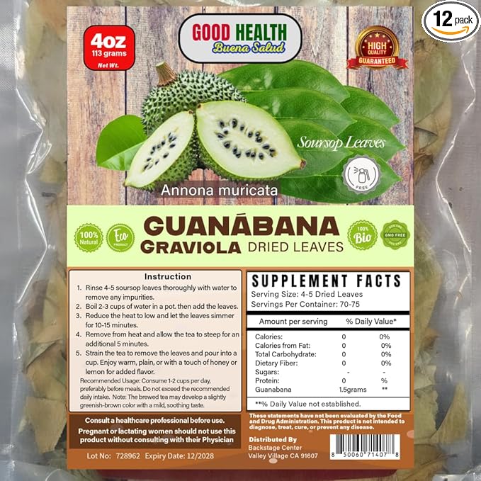 Hojas Secas de Guanábana Graviola – Té Herbal de Guanábana 100% Natural Sin Cafeína Rico en Antioxidante (Soursop Dried Leaves Herbal Tea Caffeine-Free Antioxidant-Rich 4 oz (113g) - 3 Pack