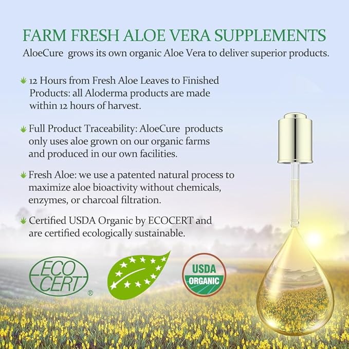 AloeCure USDA Organic Aloe Vera Juice Made Within 12 Hrs of Harvest - Pure Aloe Juice Natural Digestive Supplement to Support Digestion Immune System and Balanced Stomach Acidity 4 x 500ml Bottles