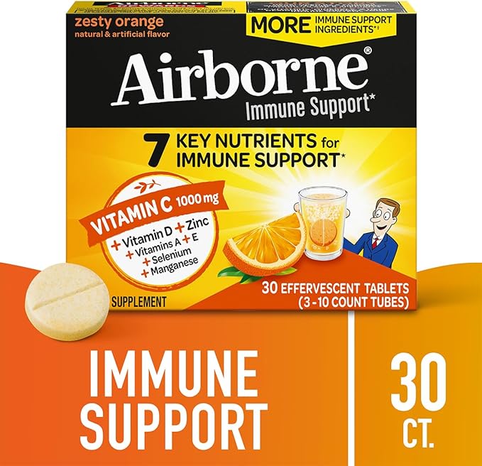 Airborne 1000mg Vitamin C + Zinc Sugar Free Multivitamin Immune Support Effervescent Fizzy Drink Tablets Zesty Orange Flavor with Powerful Antioxidants Vitamins A C &amp E 30 Tablets (2 Pack)
