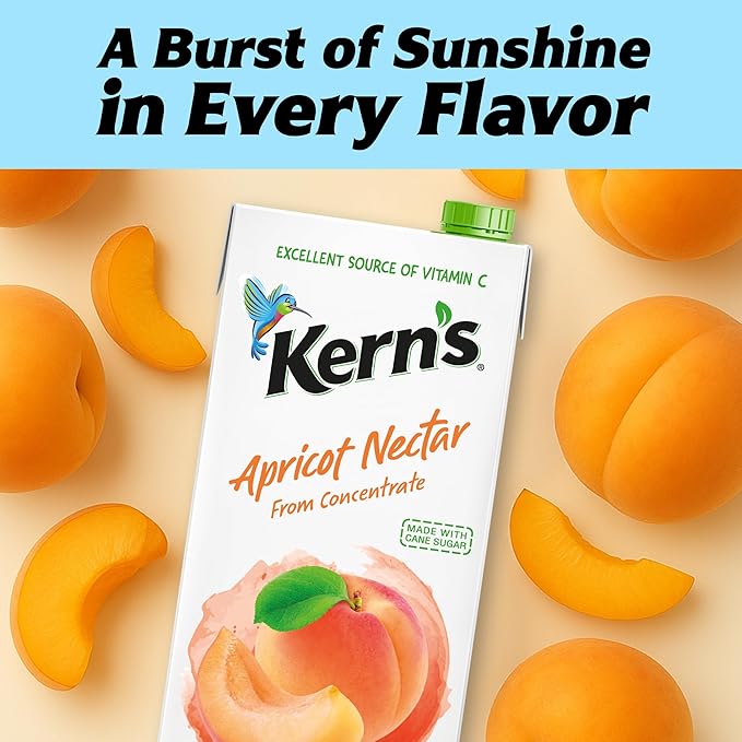 Kern’s Apricot Nectar Juice - Made with Fresh Fruit Puree &amp Apricot Juice Concentrate for Smoothie Mix Cocktail Mixers Kids Drink &amp Beverages - 64oz 8 Pack Carton