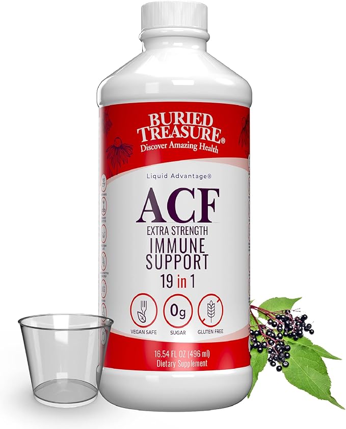 Buried Treasure ACF Extra Strength Liquid Immune Support – 1000mg Vitamin C Elderberry Zinc Echinacea – Adult Herbal Supplement – Four-Day Use – 16 fl oz with Dose Cup
