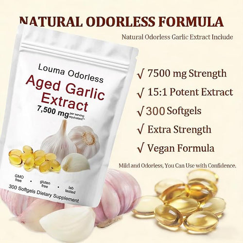 1PCSLouma Odorless Aged Garlic Aged Garlic Extract - 300 Count 7500mg 24 Month Organic Aged Garlic Supplement- Non-GMOVegetarian (1PCS)