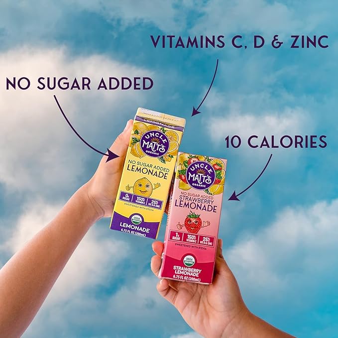 Uncle Matt’s No Sugar Added Strawberry Lemonade Organic Fruit Juice Box for Kids with Vitamin C D Zinc Only 10 Calories 32 pack of 6.75 oz Boxes