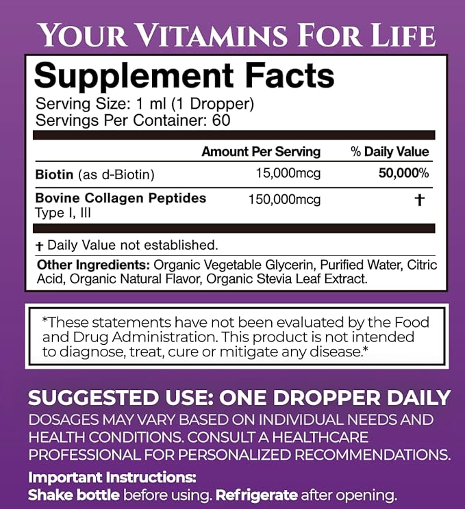 Maximum Strength 165000mcg Liquid Biotin &amp Collagen Drops – Vitamins for Hair Growth for Women &amp Men – Supports Healthy Hair Radiant Skin &amp Strong Nails – 98% Absorption Non-GMO 60 Ser