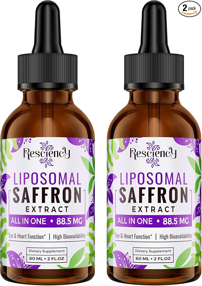 Resciency Liposomal Saffron Supplements Drops 88.5mg – High Bioavailability Liquid Saffron Extract for Mood Support Energy Focus &amp Vision with Ashwagandha Magnesium Zinc B12 &amp D3 4 fl oz