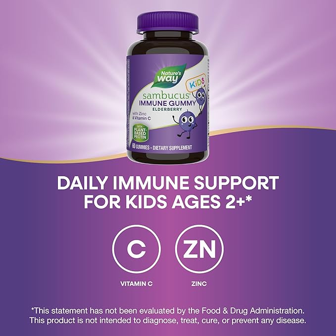 Nature’s Way Sambucus Kids Elderberry Immune Gummies with Black Elderberry Extract Daily Immune Support Gummy with Vitamin C and Zinc for Children Ages 2+* 60 Gummies (Set of 3)