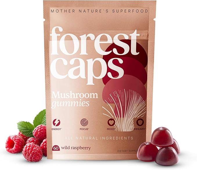 Forest Caps Mushroom Gummies – Lion’s Mane Reishi &amp Cordyceps – Focus Calm &amp Natural Energy – Organic Fruiting Body Extracts – Vegan All Natural Made in USA – 60 Count